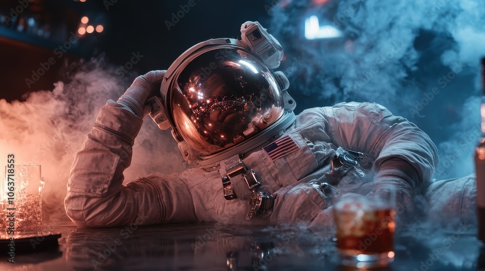 In a smoky space-themed bar, an astronaut in a space suit lounges casually, surrounded by smoke, with reflection elegantly captured on the helmet visor. In a smoky space-themed bar, an astronaut in a space suit lounges casually, surrounded by smoke, with reflection elegantly captured on the helmet visor.