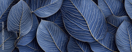 Intricate pattern of midnight-blue leaves, with each leaf highlighted by golden outlines and delicate veins. photo