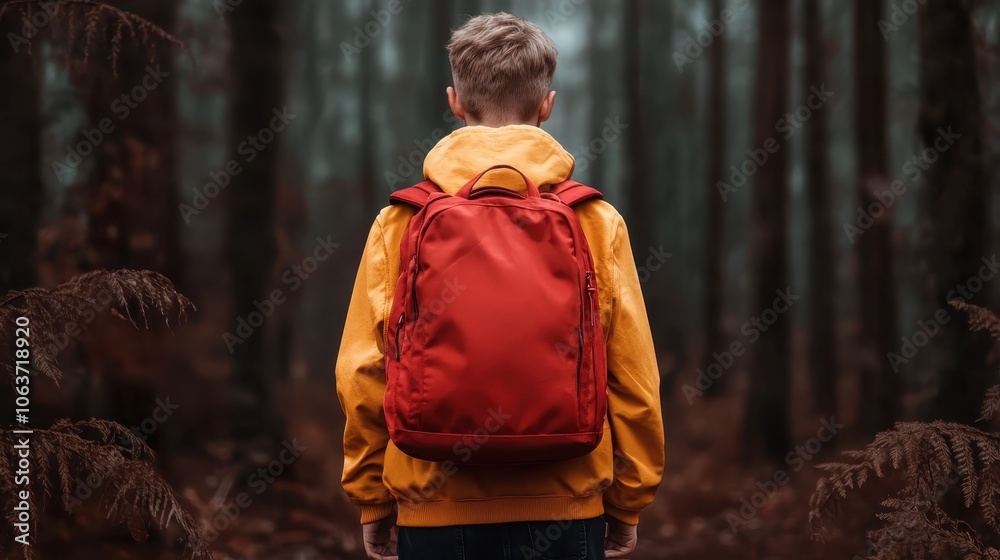 In a forest setting, a young boy is equipped with a red backpack, symbolizing adventure, exploration, and the wonders of the natural world through youthful eyes. In a forest setting, a young boy is equipped with a red backpack, symbolizing adventure, exploration, and the wonders of the natural world through youthful eyes.