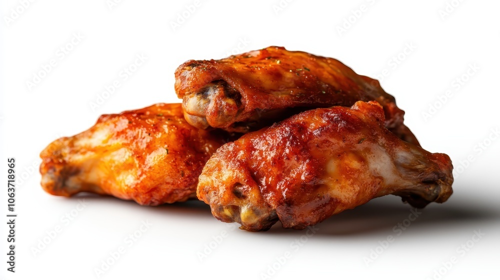 Three spicy chicken wings are prominently displayed on a white background, emphasizing the flavorful and tempting nature of this classic and popular dish. Three spicy chicken wings are prominently displayed on a white background, emphasizing the flavorful and tempting nature of this classic and popular dish.