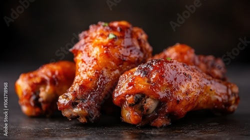 Mouthwatering barbecued chicken drumsticks covered in a sticky glaze, served hot and ready to tantalize taste buds, perfect for a backyard feast or picnic. photo