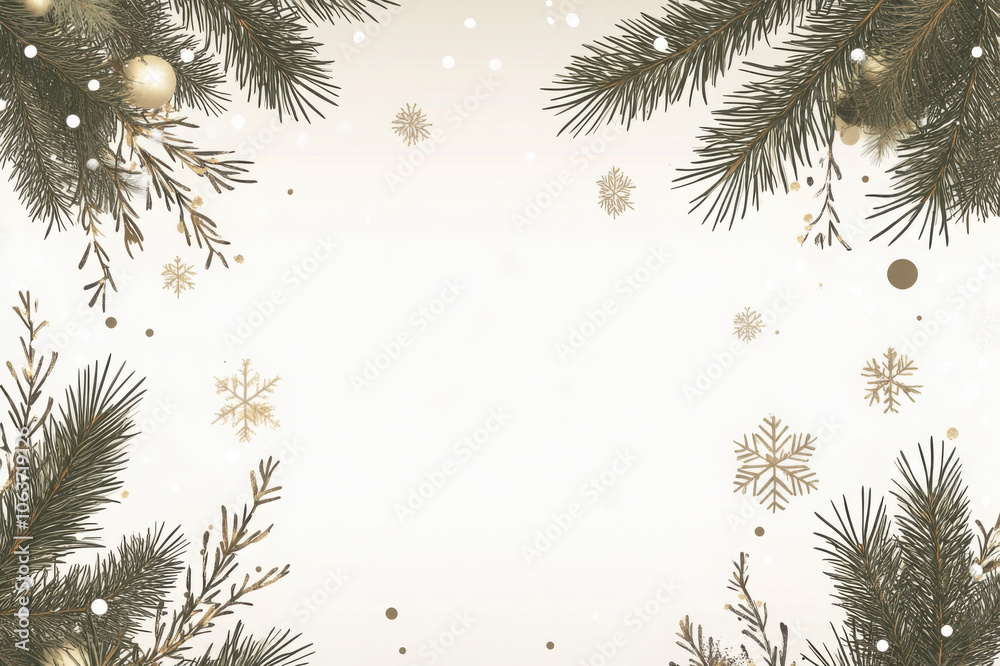 Elegant Christmas background with pine branches, golden snowflakes, and subtle decorative elements on a light beige background with space in the center Elegant Christmas background with pine branches, golden snowflakes, and subtle decorative elements on a light beige background with space in the center