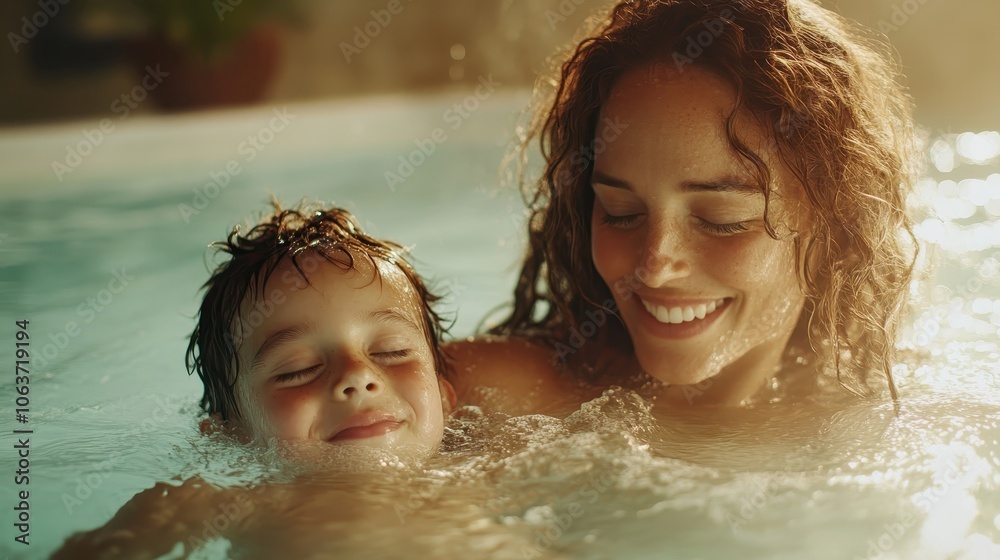 A mother joyfully swims with her child in a brightly lit pool, smiling and enjoying a happy moment that captures the essence of family bonding and summer fun. A mother joyfully swims with her child in a brightly lit pool, smiling and enjoying a happy moment that captures the essence of family bonding and summer fun.