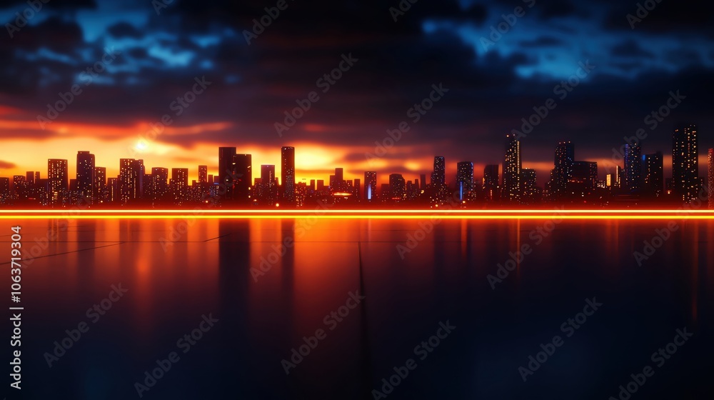 Fototapeta premium Dramatic skyline at sunset, reflecting orange and blue hues over calm water.