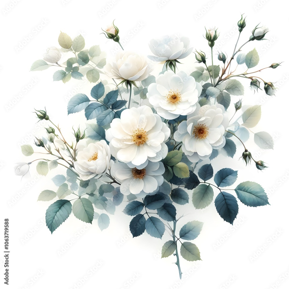 Obraz premium 흰 배경, 찔레꽃, 수채화 (white background, Multiflora rose, water colour)