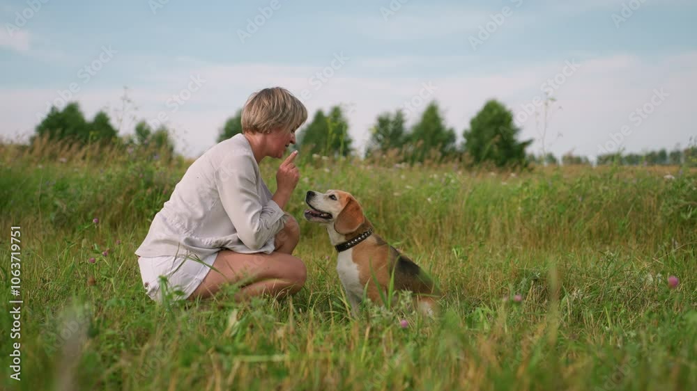 Dog owner interacting playfully with her dog outdoors as dog jumps up to kiss her, owner squatting in grassy field with bright sunny day in background, dog gazing in distance Dog owner interacting playfully with her dog outdoors as dog jumps up to kiss her, owner squatting in grassy field with bright sunny day in background, dog gazing in distance