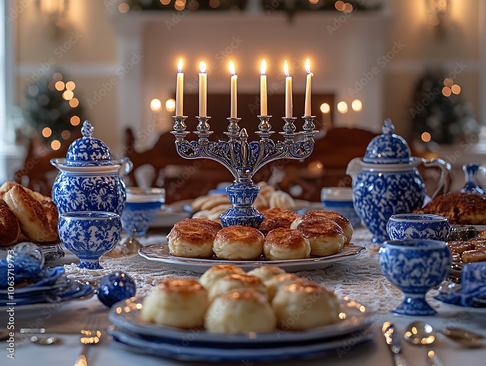 Elegant Hanukkah Table Setting with Blue China and Lit Menorah Elegant Hanukkah Table Setting with Blue China and Lit Menorah