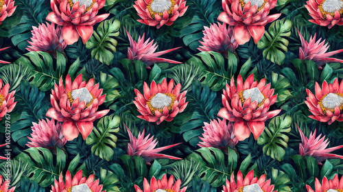 Watercolor seamless pattern featuring vibrant tropical leaves protea and strelitzia flowers ideal for textile design and wrapping paper