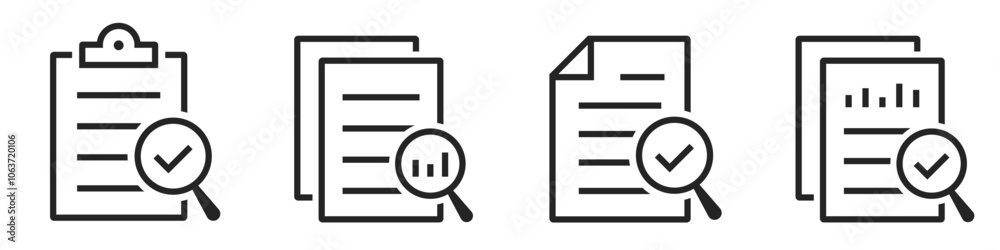 Review audit icon set. Audit document, overview risk, verification, result, marketing analysis, business data report - stock vector. Review audit icon set. Audit document, overview risk, verification, result, marketing analysis, business data report - stock vector.