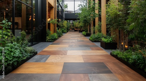 A modern corridor features a blend of natural greenery alongside vibrant tiles, creating a harmonious yet striking indoor garden atmosphere with wooden accents. photo