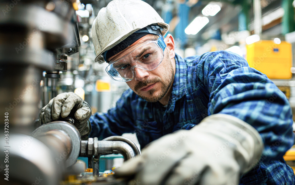 A man in a blue plaid shirt is wearing a hard hat A man in a blue plaid shirt is wearing a hard hat