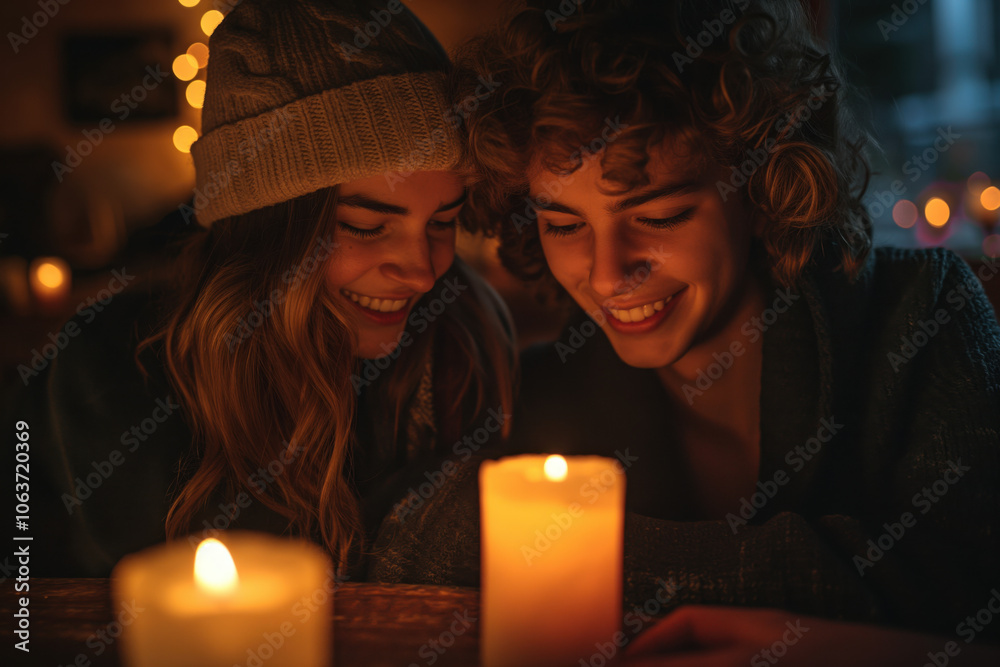 A close-up of a happy couple by candlelight, their smiles expressing warmth and affection. With cozy attire and glowing candles, they create a peaceful and intimate winter scene.