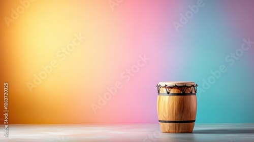 A solitary tall drum stands majestically against a vibrant pastel background, highlighting its elegant design. The contrasting colors evoke a sense of visual harmony and allure. photo