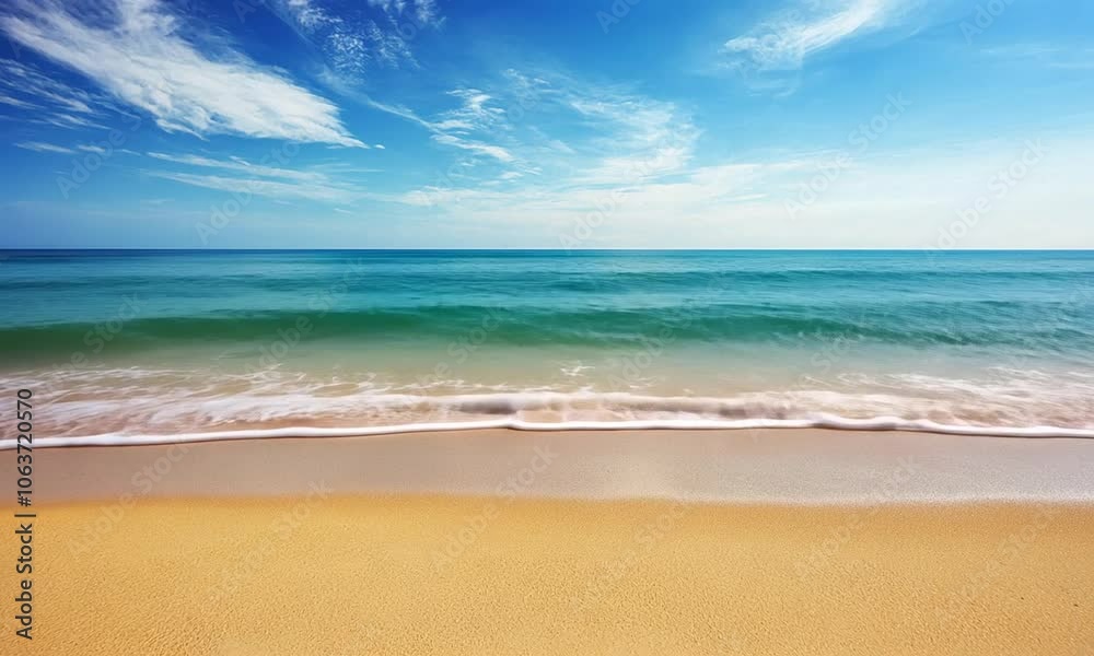 A serene beach scene with gentle waves lapping against golden sand under a clear blue sky. A serene beach scene with gentle waves lapping against golden sand under a clear blue sky.