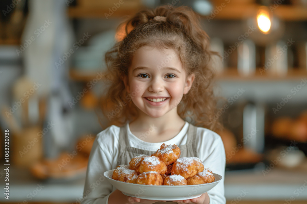 A young girl proudly holds a plate of freshly made fritters dusted with powdered sugar, her cheerful expression celebrating this homemade creation in a warm kitchen setting. A young girl proudly holds a plate of freshly made fritters dusted with powdered sugar, her cheerful expression celebrating this homemade creation in a warm kitchen setting.