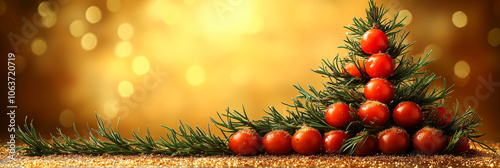 Christmas tree made of cherry tomatoes, a festive snack. Blurred New Year's background
