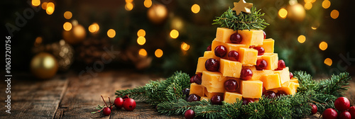 A Christmas tree made of cheese pieces, a festive snack. Blurred New Year's background