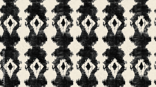 Seamless black and white tie dye geometric pattern featuring hand drawn ethnic designs and a soft grunge texture for textile applications