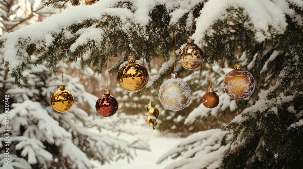 Christmas decorations hanging from a snow-covered tree Christmas decorations hanging from a snow-covered tree