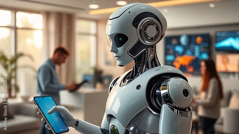 Futuristic Humanoid Robot in Modern High-Tech Living Room Setting Futuristic Humanoid Robot in Modern High-Tech Living Room Setting