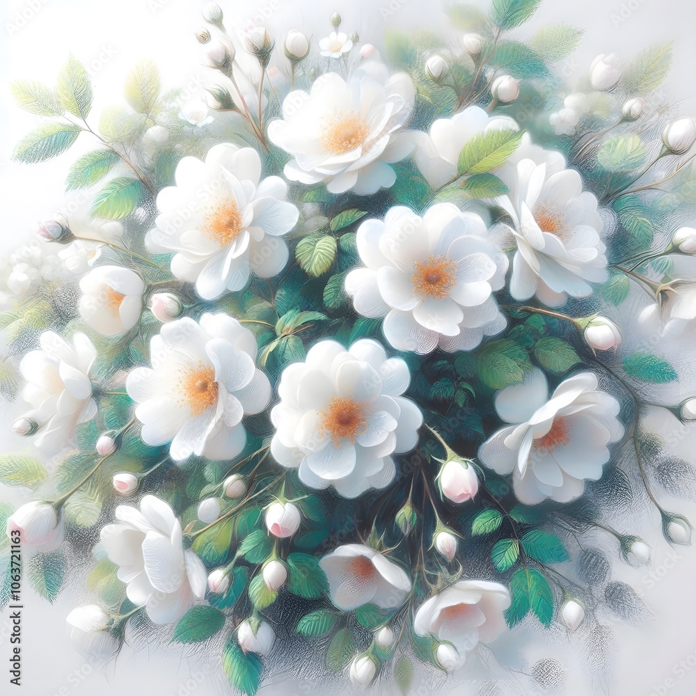 흰 배경, 찔레꽃, 파스텔화 (white background, Multiflora rose, pastel painting) 