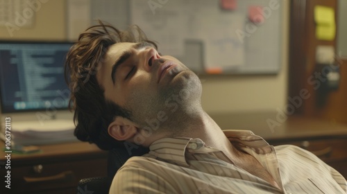 Man sitting at desk with head tilted back, eyes closed, and mouth slightly open, appearing to fall asleep during workday. Tired office worker amidst stress and fatigue in typical office