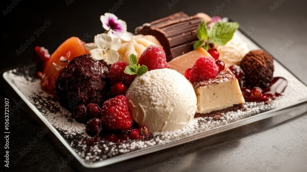 A gourmet dessert presentation featuring ice cream, cake, and fresh berries, beautifully adorned with mint leaves and flowers, set on a stylish rectangular plate. A gourmet dessert presentation featuring ice cream, cake, and fresh berries, beautifully adorned with mint leaves and flowers, set on a stylish rectangular plate.