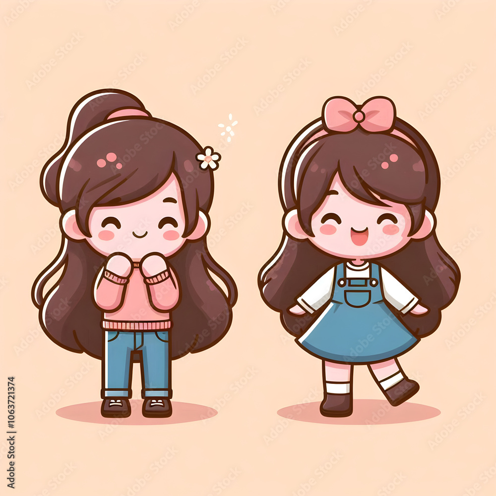 Two adorable cartoon girls are shown in various poses and with unique facial expressions, displaying a variety of emotions and styles Two adorable cartoon girls are shown in various poses and with unique facial expressions, displaying a variety of emotions and styles