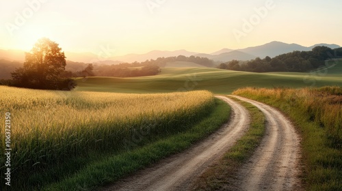 A serene country road meandering through a lush, green landscape at sunset, inviting viewers to embrace wanderlust and the beauty of rural paths and horizons. photo