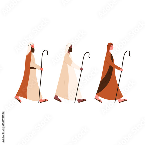 Three shepherds walking to Bethlehem, cartoon flat vector illustration isolated on white background. Christmas nativity scene design element. Christianity concept.