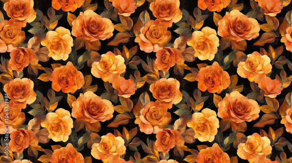 Fototapeta premium Watercolor floral pattern featuring motley roses in vibrant orange tones on a black background perfect for textile design wallpapers and crafts