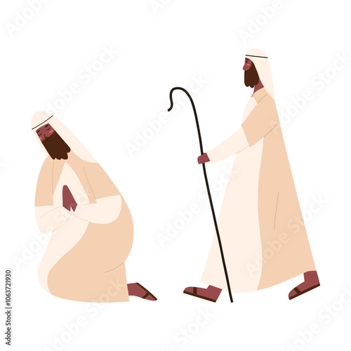 Shepherd walking and kneeling, nativity scene, cartoon flat vector illustration isolated on white background. Christmas character drawing. Christianity concept.