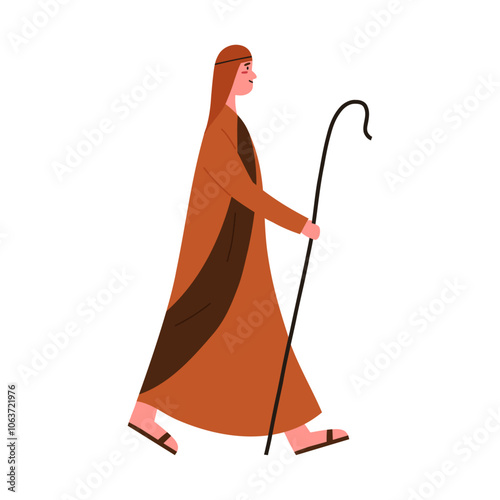 Shepherd walking, nativity scene, cartoon flat vector illustration isolated on white background. Christmas character drawing. Christianity concept.