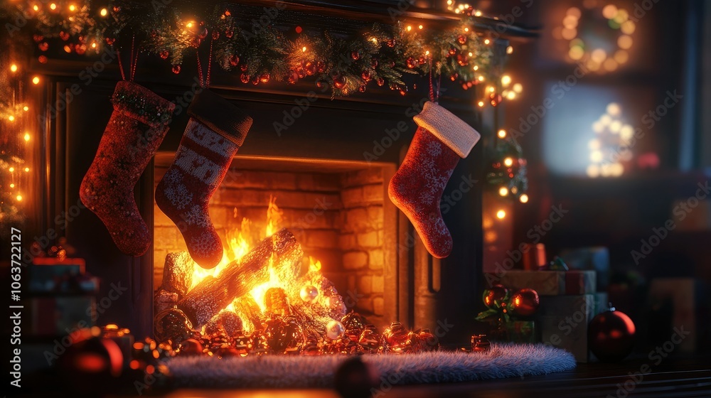 Christmas fireplace with stockings and glowing ornaments Christmas fireplace with stockings and glowing ornaments