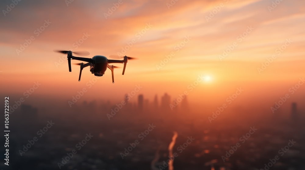 A drone flies over a blurred cityscape, capturing a stunning sunset with vibrant orange hues as the backdrop, symbolizing technology and exploration. A drone flies over a blurred cityscape, capturing a stunning sunset with vibrant orange hues as the backdrop, symbolizing technology and exploration.