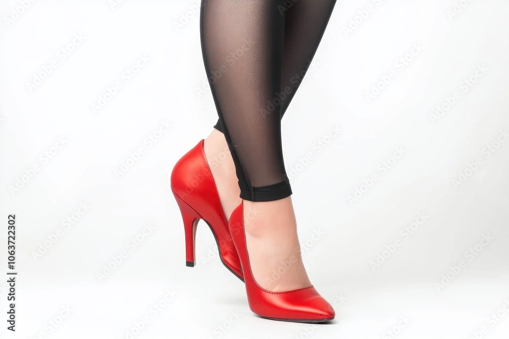 Woman in red high heels black stockings on white background Woman in red high heels black stockings on white background