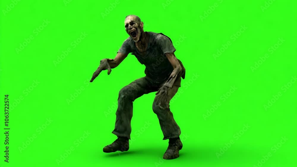 A scary animated zombie in a crouched stance, positioned against a green background, suitable for Halloween or horror-themed scenes.
A scary animated zombie in a crouched stance, positioned against a green background, suitable for Halloween or horror-themed scenes.