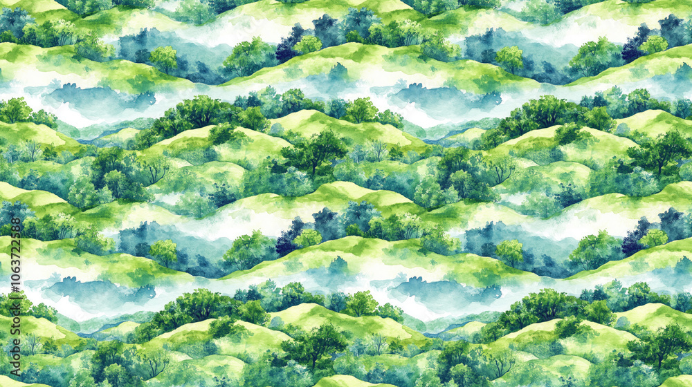 Seamless watercolor pattern of lush rural rice field landscape showcasing vibrant greens and blues ideal for textile design and home decor Seamless watercolor pattern of lush rural rice field landscape showcasing vibrant greens and blues ideal for textile design and home decor