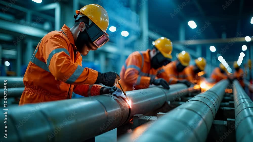 Industrial workers in protective orange clothing and hard hats weld pipes, producing bright sparks. Captures teamwork and safety in a busy factory setting, ideal for industrial, manufacturing, and lab