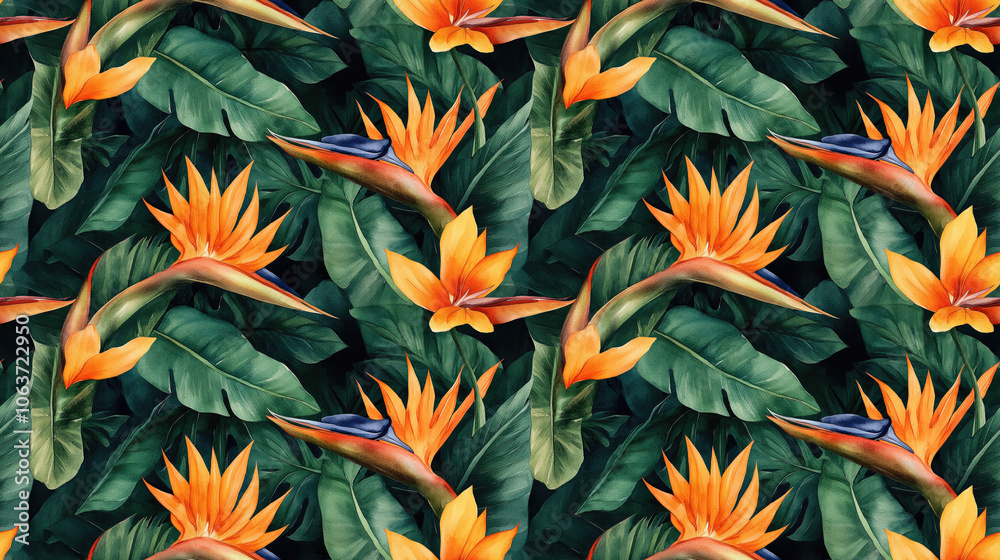 Watercolor seamless pattern featuring strelitzia reginae and birds of paradise vibrant tropical floral print perfect for summer swimwear Watercolor seamless pattern featuring strelitzia reginae and birds of paradise vibrant tropical floral print perfect for summer swimwear