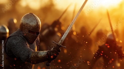 An armored knight brandishes a sword in the midst of battle as the sunrise casts a dramatic glow, reflecting courage and medieval valor against fiery surroundings. photo