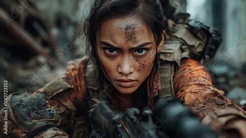 A gritty female soldier with a determined expression lies on the cement, camouflaged in dirt and gear, showcasing bravery and strength in a harsh environment.