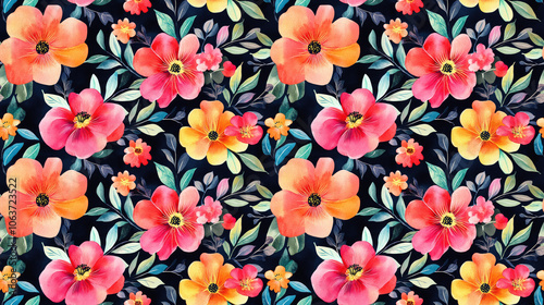 Watercolor floral pattern featuring vibrant flowers and leaves in ethnic style ideal for textile design and home decor