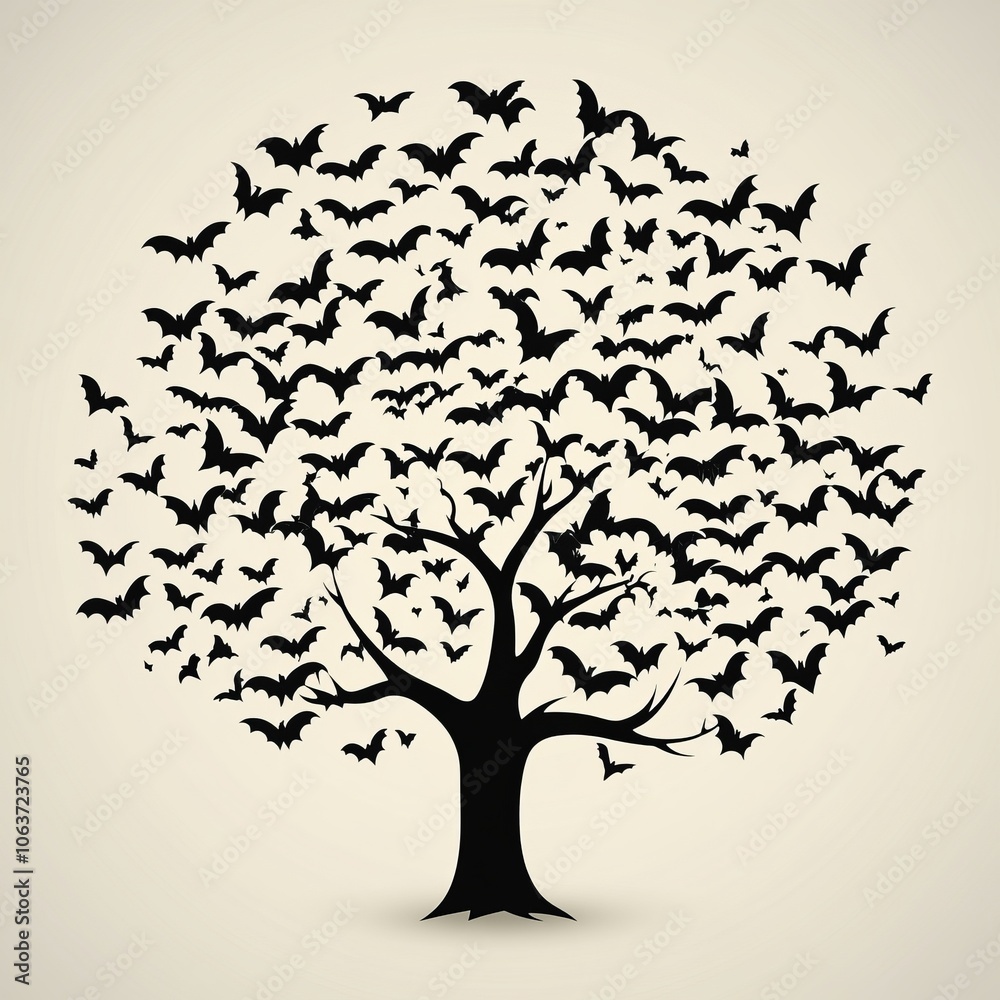 Obraz premium A stylized tree filled with flying bats, creating a unique graphic design.