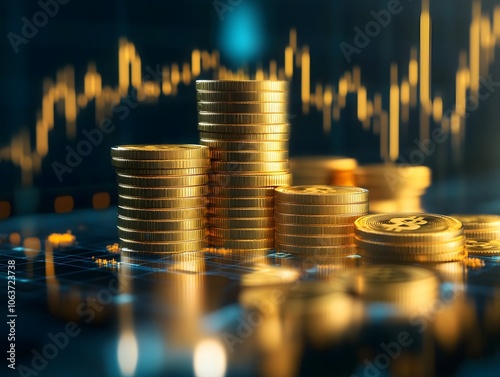 Golden Coins and Growth Chart in Financial Concept