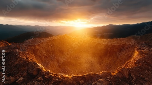 A detailed image of a golden crater reflecting the radiant hues of a setting sun, with surrounding landscapes hinting at distant mysteries awaiting exploration. photo