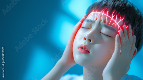 Young individual coping with intense headache in serene blue lig photo