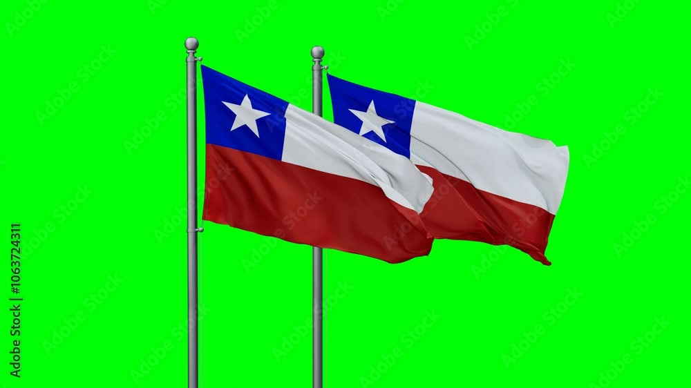Two Chile flags flying together, video concept of the relationship with colored chroma key for easy background remove Two Chile flags flying together, video concept of the relationship with colored chroma key for easy background remove