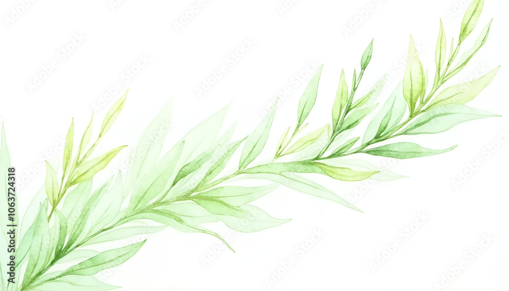 Delicate watercolor illustration of green leafy branch on white background Delicate watercolor illustration of green leafy branch on white background