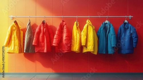 promotional illustration for a coat drive featuring photos of colorful coats hanging on coathangers against a visually appealing backdrop encouraging donations for a charitable cause photo